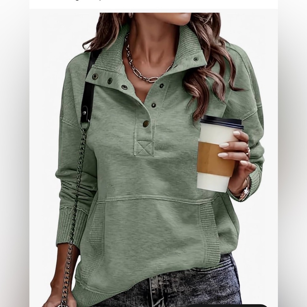 Casual Olive Green Pullover Top - Women's Button Collar Sweatshirt